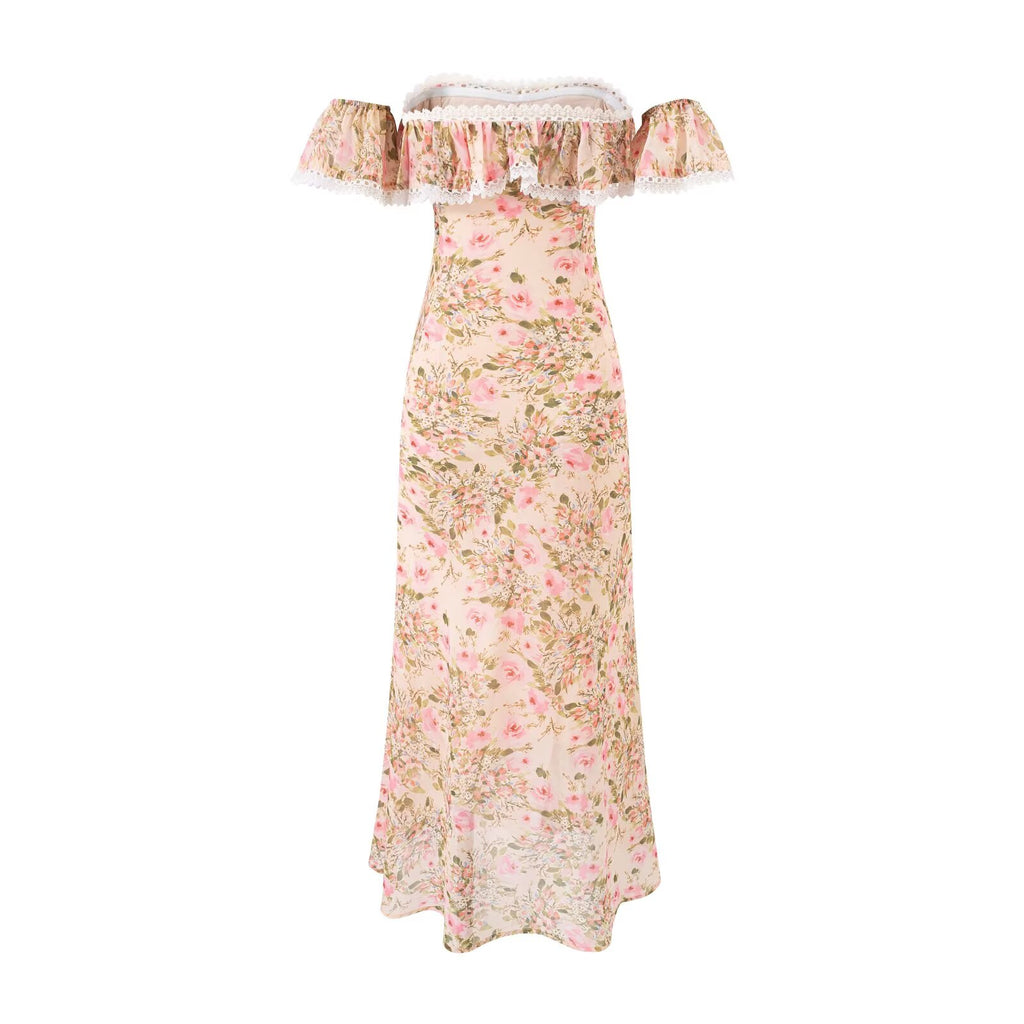Gentle off Neck Ruffled Floral Dress Fishtail Summer Waisted Slim Fit Package Hip Long Women