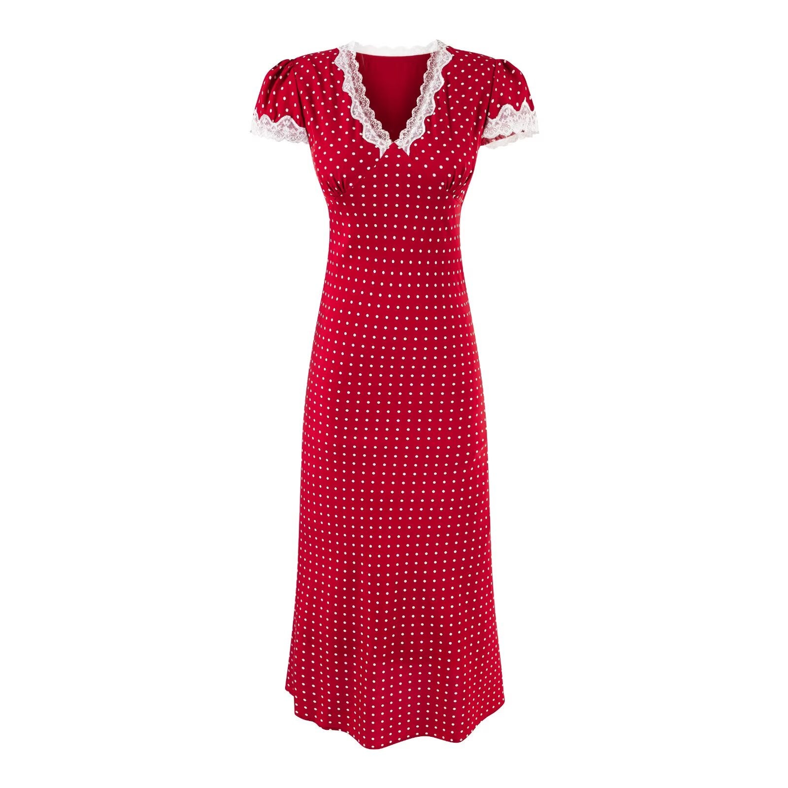 Summer Lace V neck Polka Dot Dress Women Cinched Slimming Maxi Dress