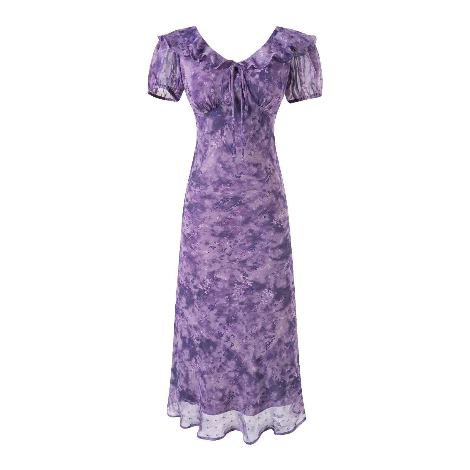 Ruffle Collar Puff Sleeve Short Sleeve Neckline Lace up Purple Dress Summer Waist Slimming Maxi Dress Women