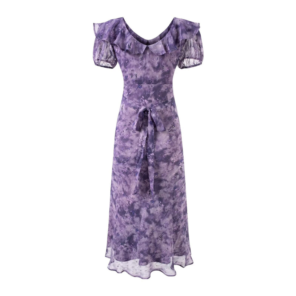 Ruffle Collar Puff Sleeve Short Sleeve Neckline Lace up Purple Dress Summer Waist Slimming Maxi Dress Women