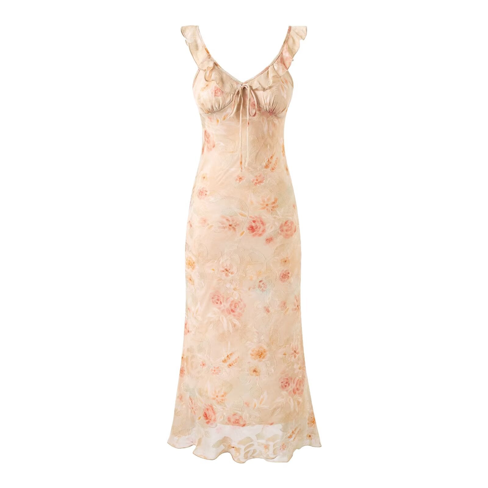 Summer Ruffled V neck Front Strap Printing Slim Fit Sheath Dress