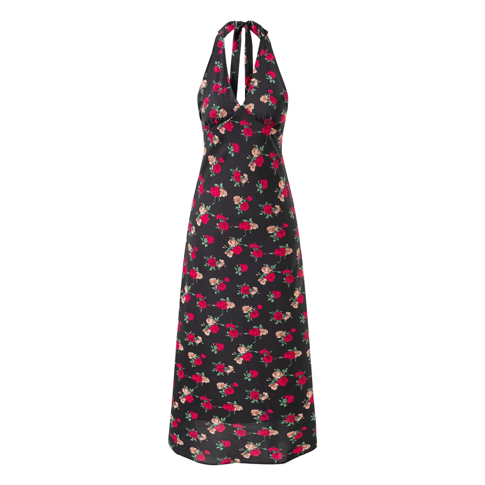 Summer Vacation Casual Strap Halter Black Background Print Maxi Dress