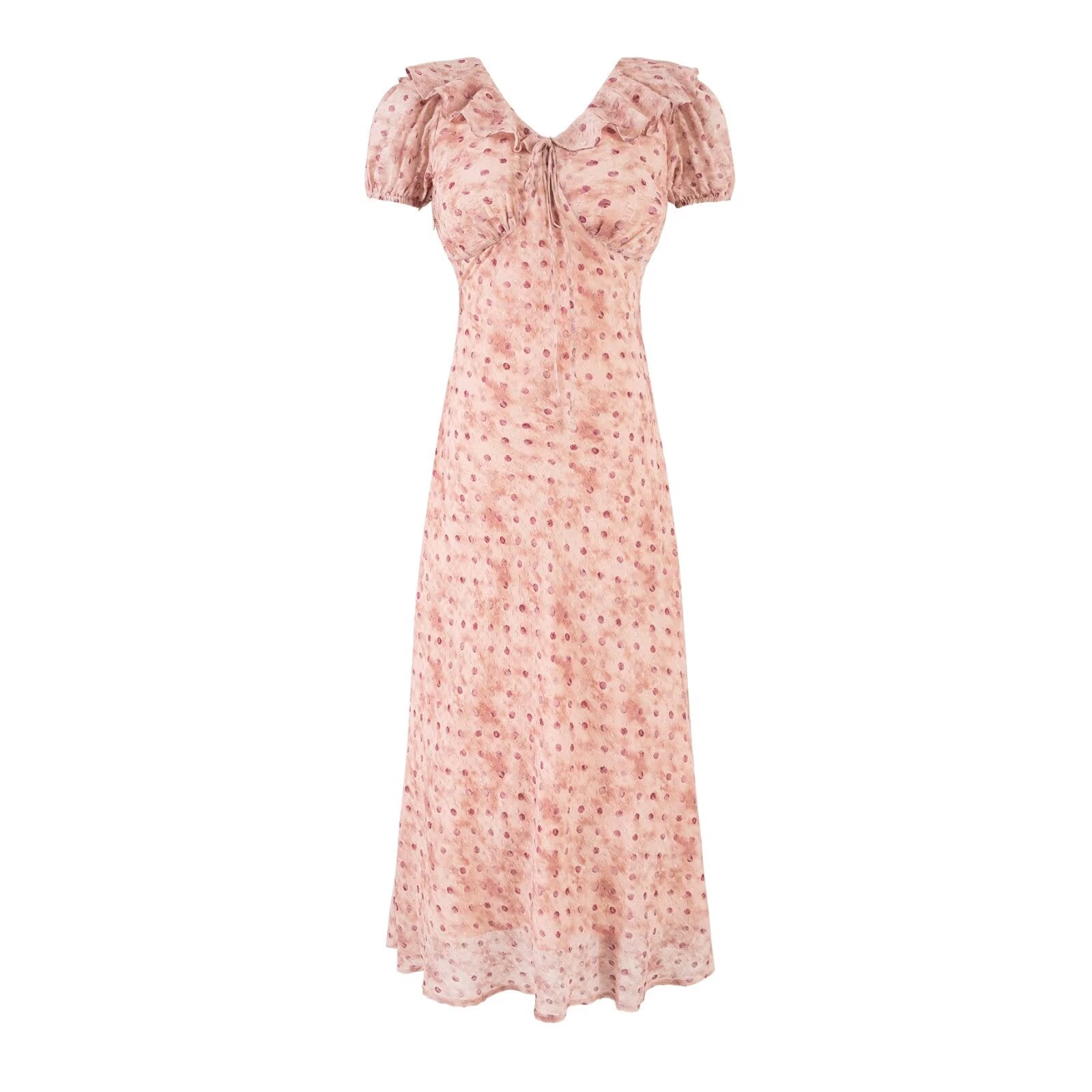 Summer V neck Ruffled Chest Strap Puff Sleeve Waist Tight Slim Fit Dress