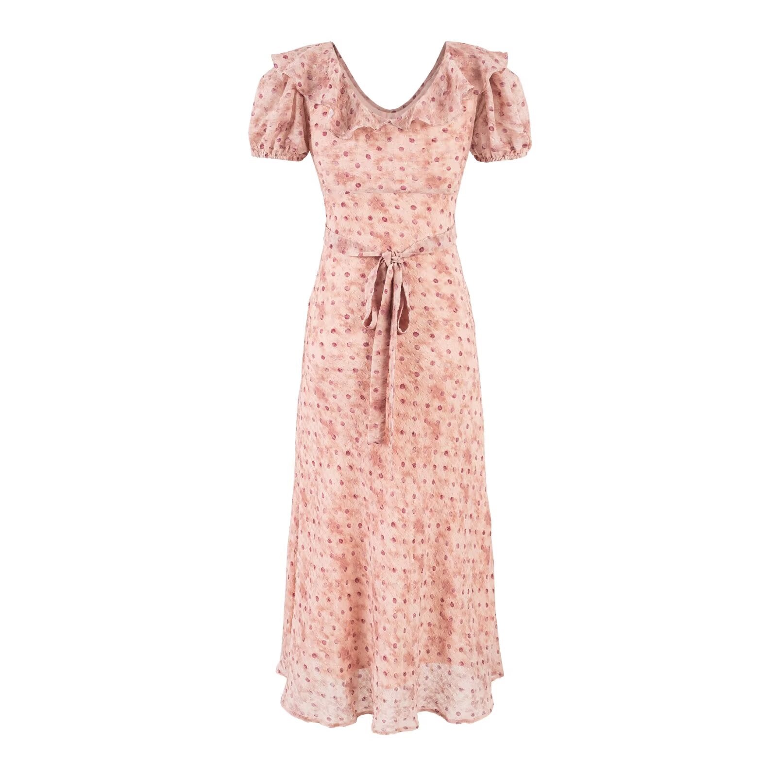 Summer V neck Ruffled Chest Strap Puff Sleeve Waist Tight Slim Fit Dress