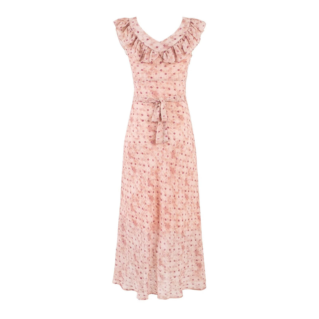 Sweet Printed Chic Ruffled Square Collar Maxi Dress Vintage Slim Fit Backless Vacation