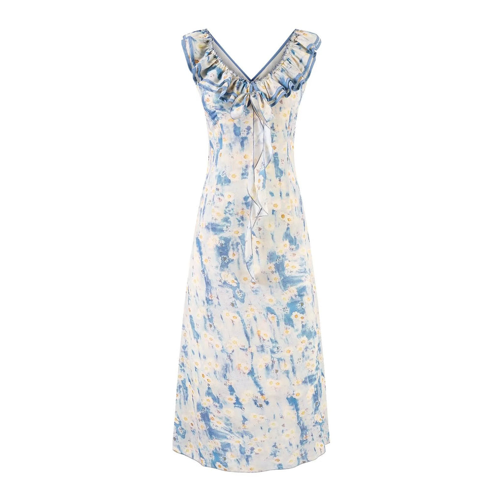 Sweet Printed Chic Ruffled V neck Maxi Dress Vintage Slim Fit Backless Vacation