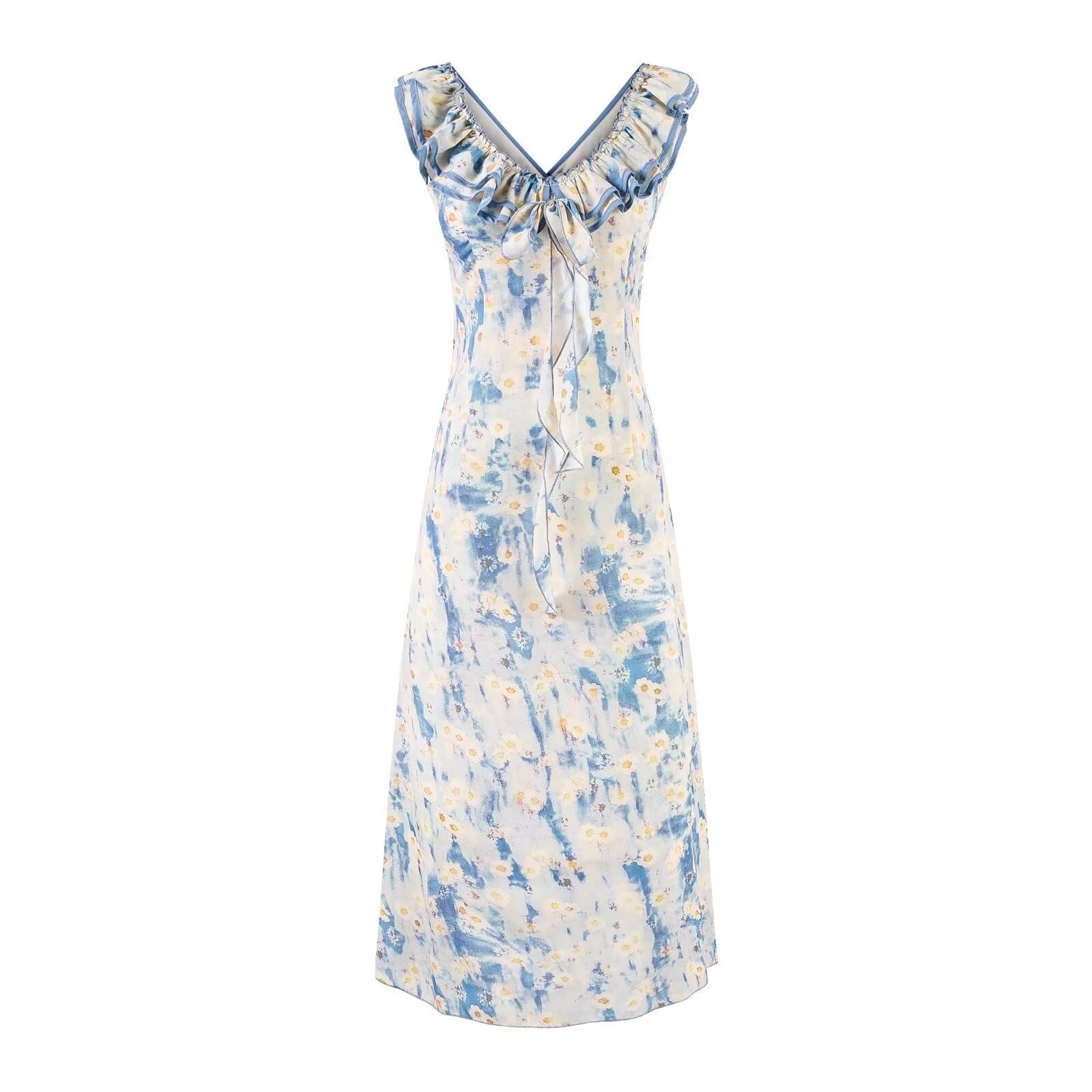 Sweet Printed Chic Ruffled V neck Maxi Dress Vintage Slim Fit Backless Vacation