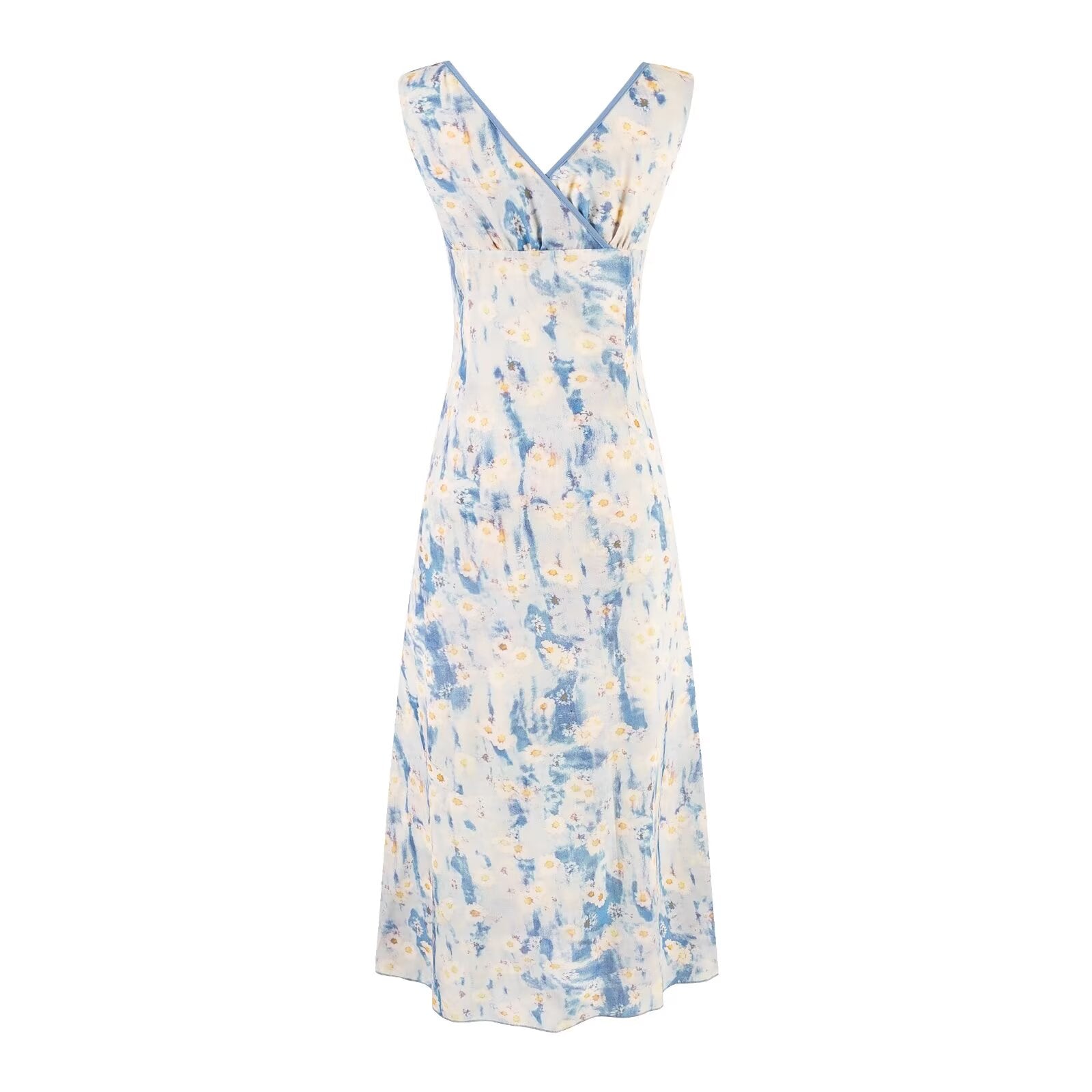 Sweet Printed Chic Ruffled V neck Maxi Dress Vintage Slim Fit Backless Vacation