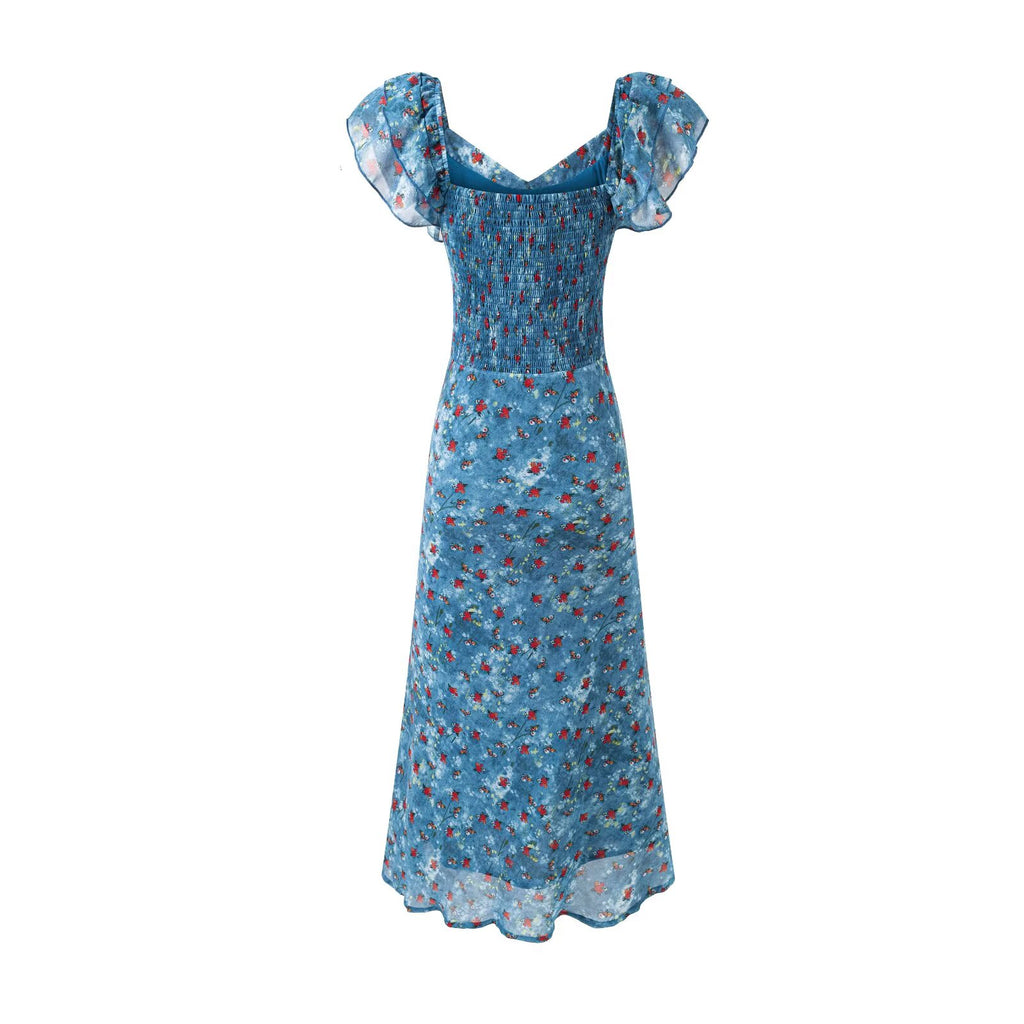 Summer Holiday Casual Blue Background Floral Sexy Square Neck Ruffled Dress