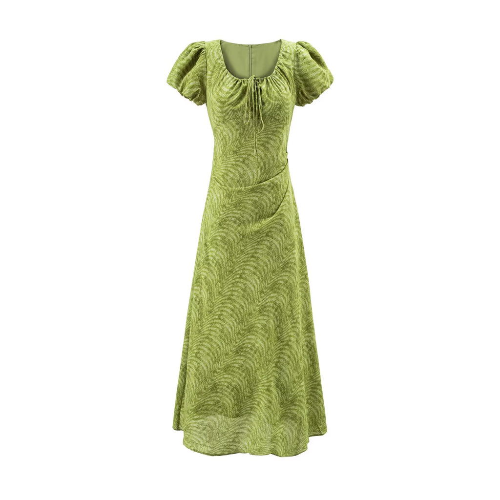 Sweet Printed Chic Puff Sleeve Maxi Dress round Neck Sexy Slim Fit Party Dress