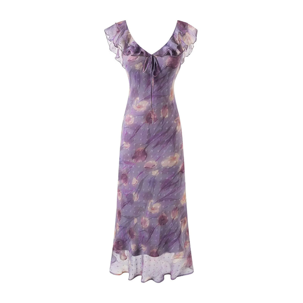 Summer Holiday Casual Summer Purple Printed Ruffled Dress