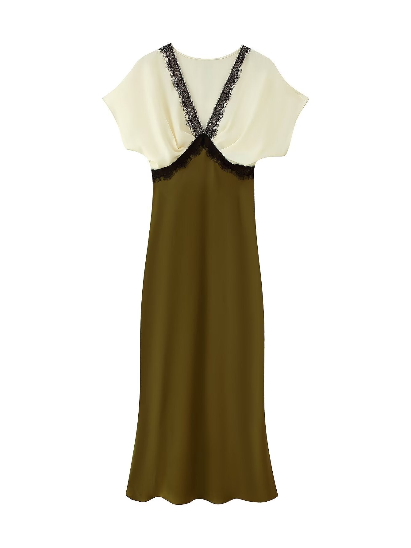 Women Clothing Contrast Color Lace Silk Satin Texture Dress