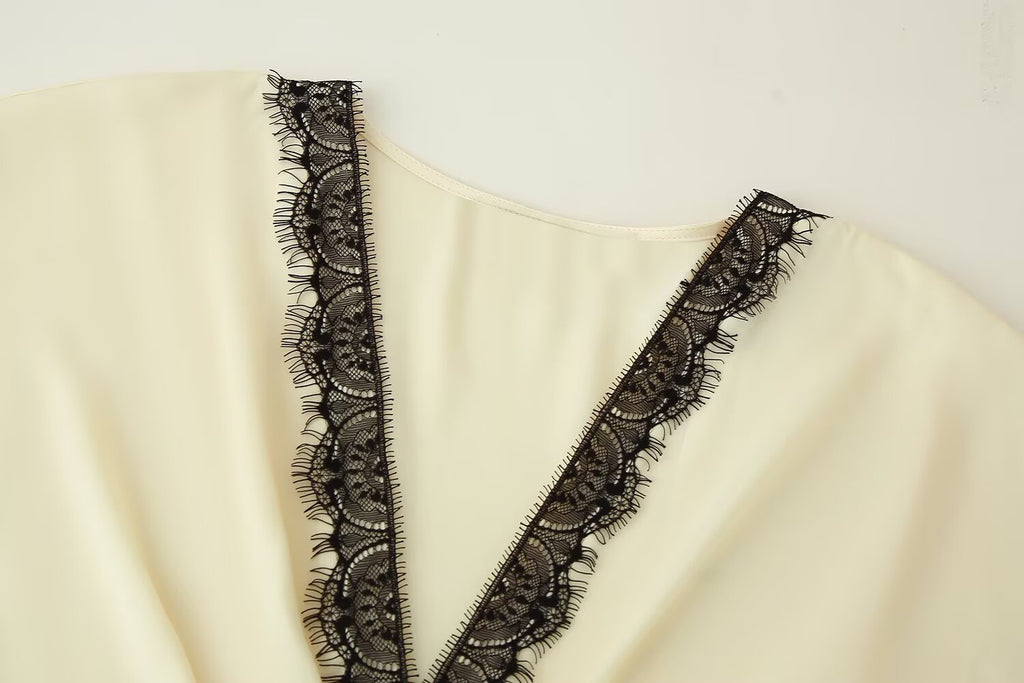 Women Clothing Contrast Color Lace Silk Satin Texture Dress