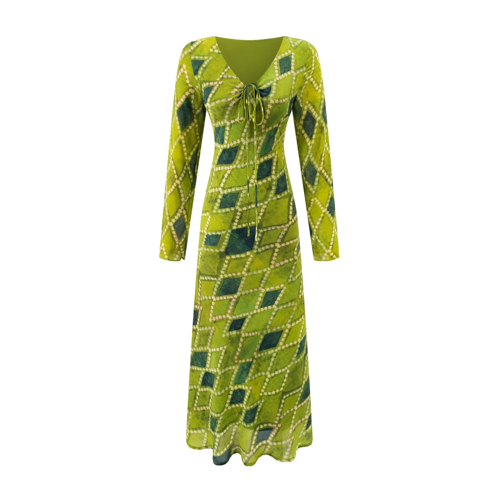Vacation V neck Lace up Long Sleeve Waist Slimming Figure Maxi Dress
