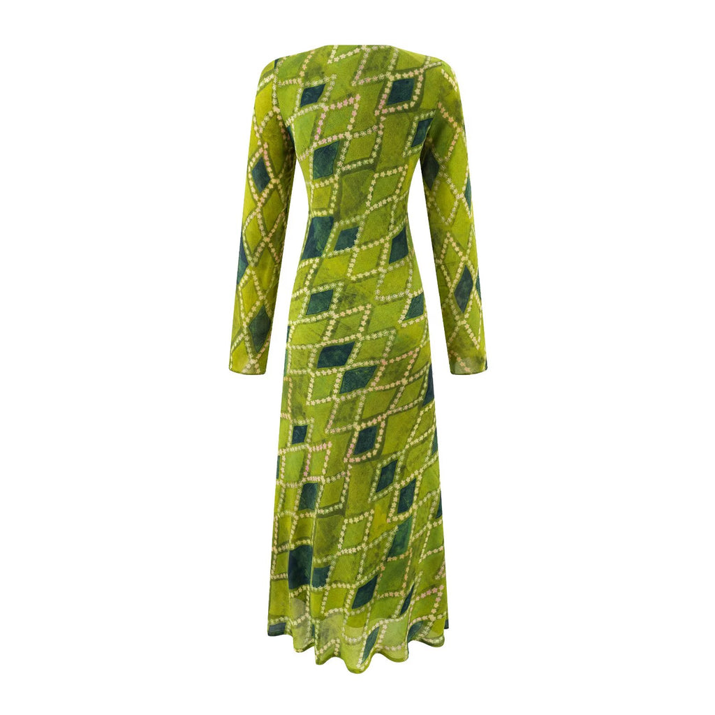 Vacation V neck Lace up Long Sleeve Waist Slimming Figure Maxi Dress