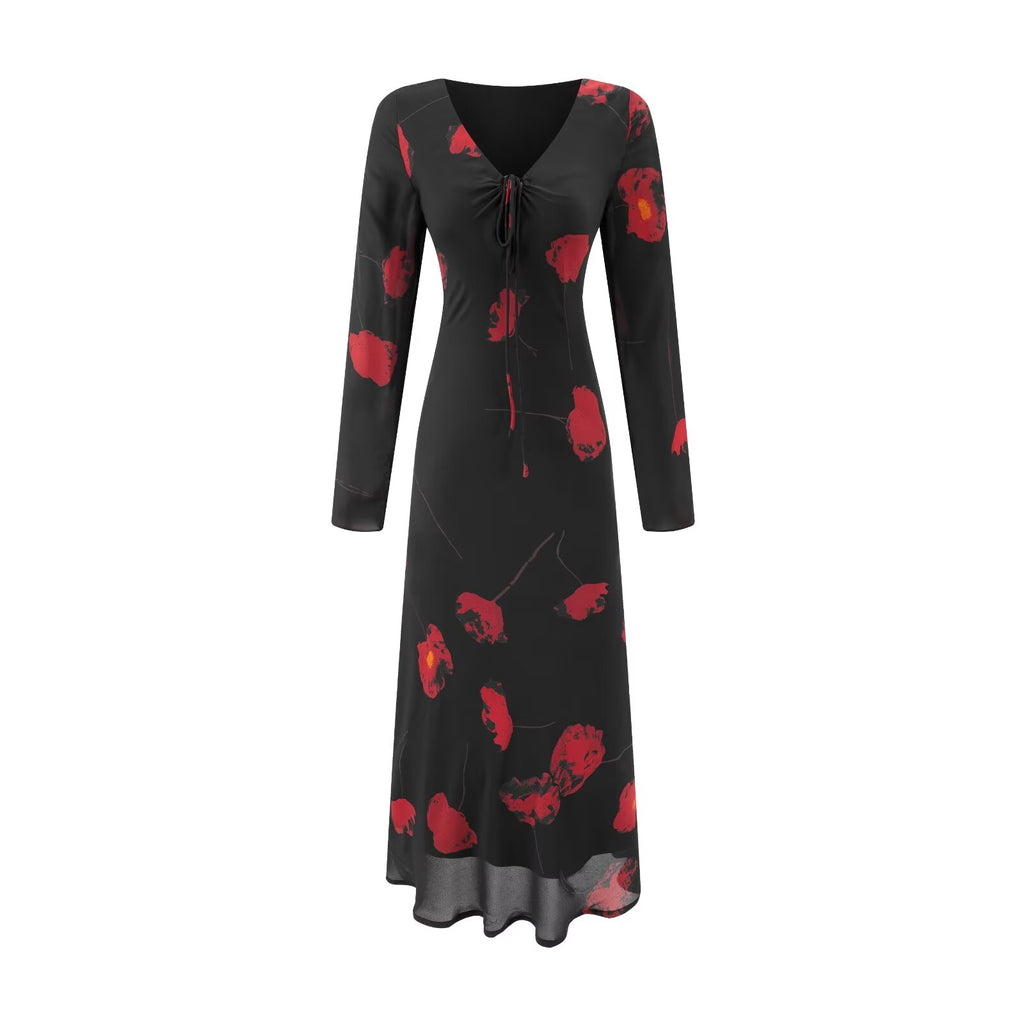 Autumn Shivering High Grade Diagonal Cut Long Sleeve V neck Waist Controlled Slimming Dress Dress