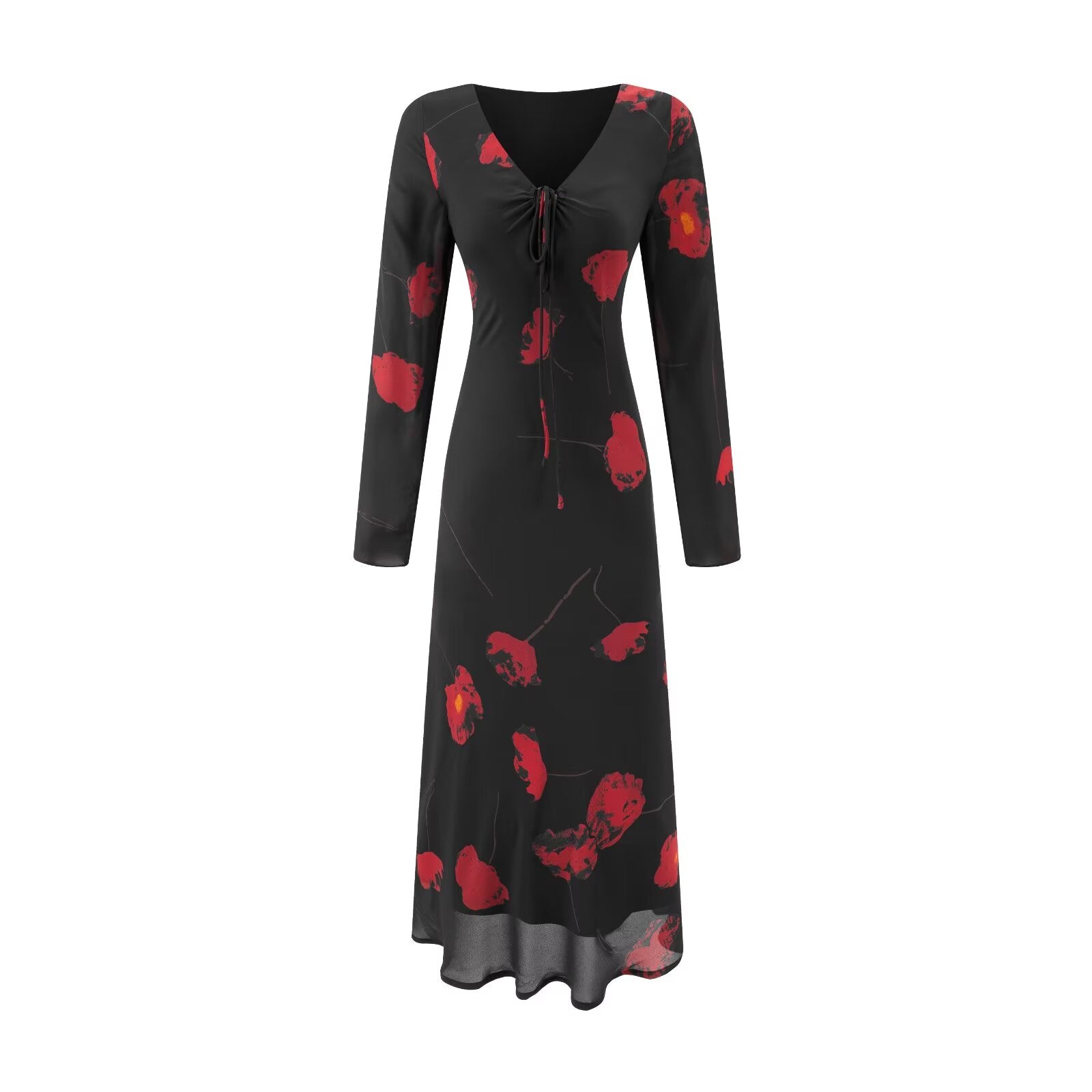Autumn Shivering High Grade Diagonal Cut Long Sleeve V neck Waist Controlled Slimming Dress Dress