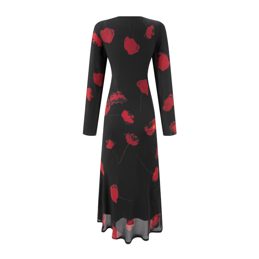 Autumn Shivering High Grade Diagonal Cut Long Sleeve V neck Waist Controlled Slimming Dress Dress