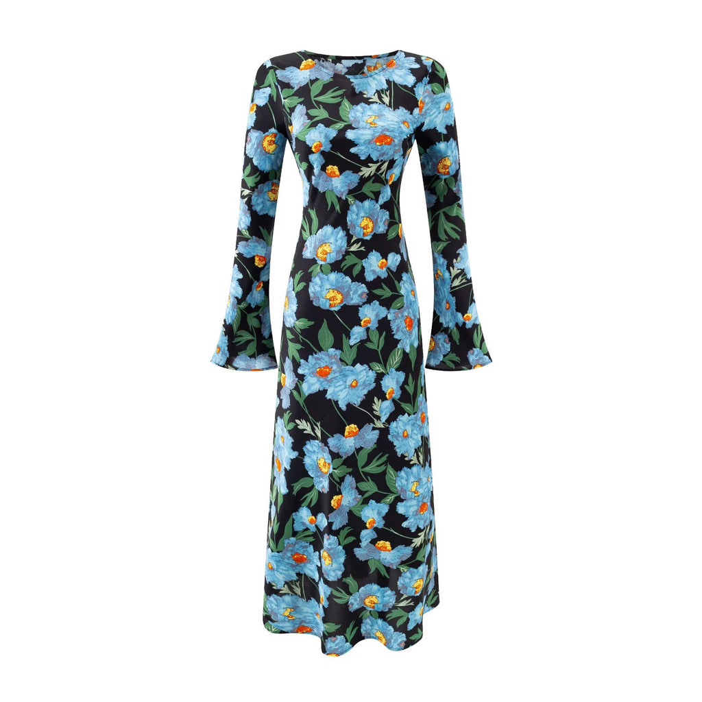 Summer off Shoulder Micro Pull Long Sleeve Vacation Casual Printed Waist Controlled Dress