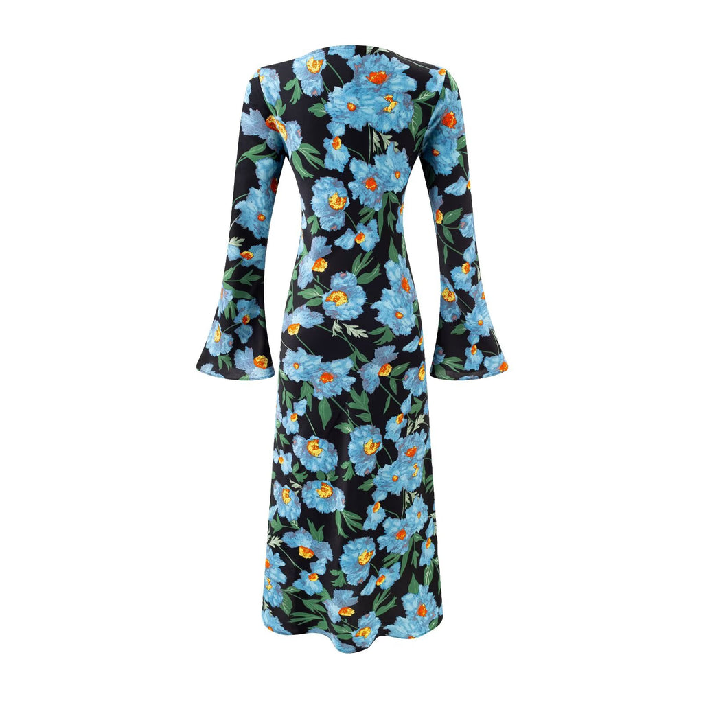 Summer off Shoulder Micro Pull Long Sleeve Vacation Casual Printed Waist Controlled Dress