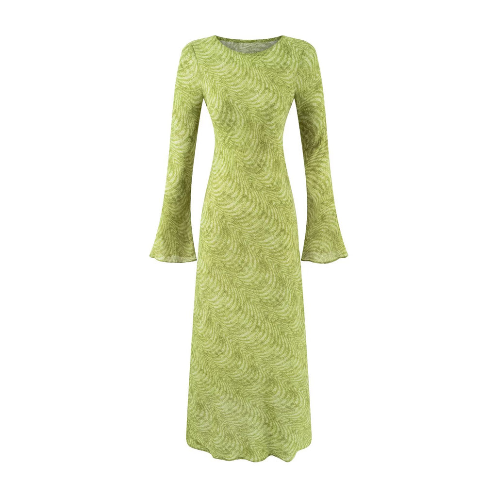 Vintage Floral Print Long Sleeves Dress Women Summer Thin High Grade Slimming Long Dress