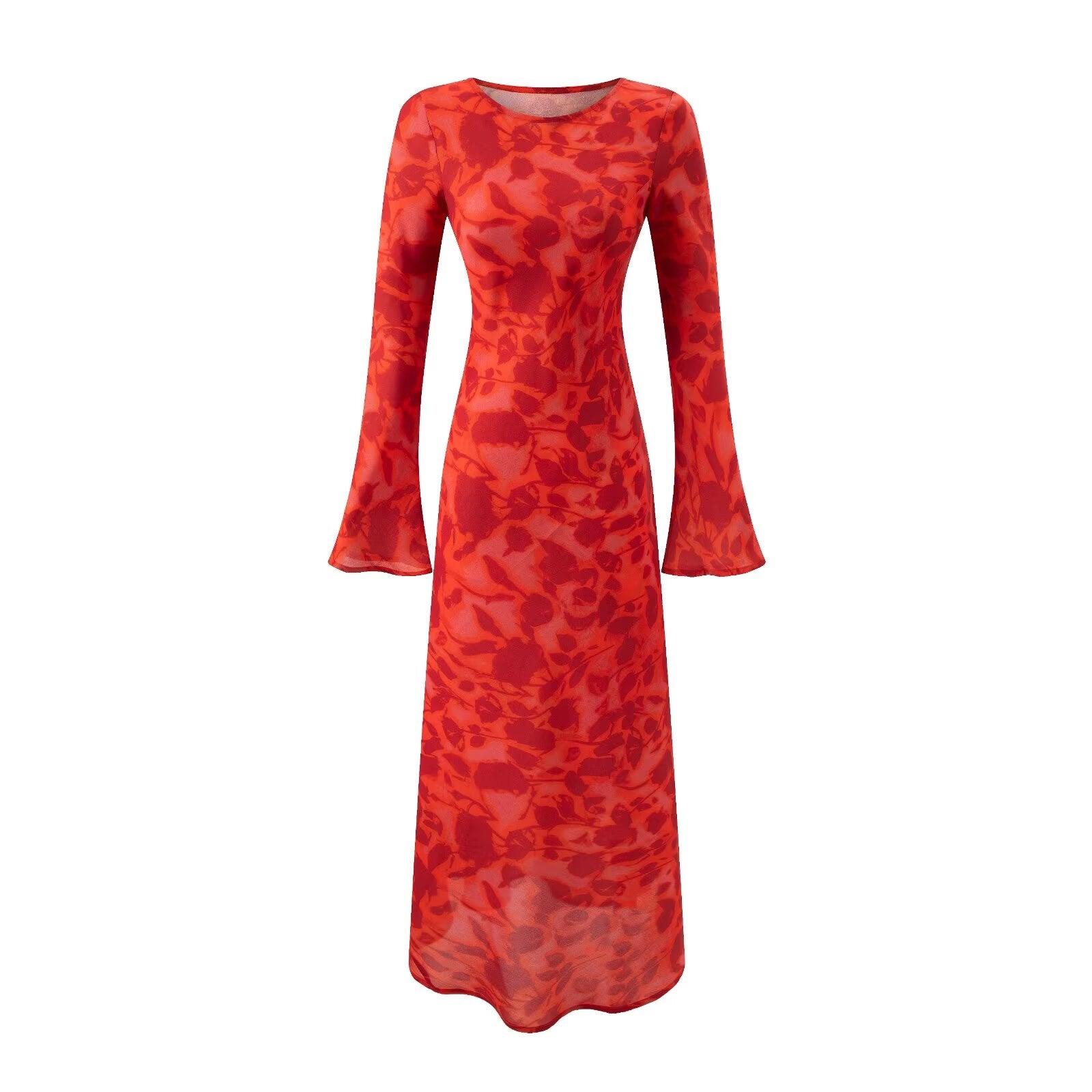Autumn Rose Print Slim Fit Flared Sleeves Dress Dress