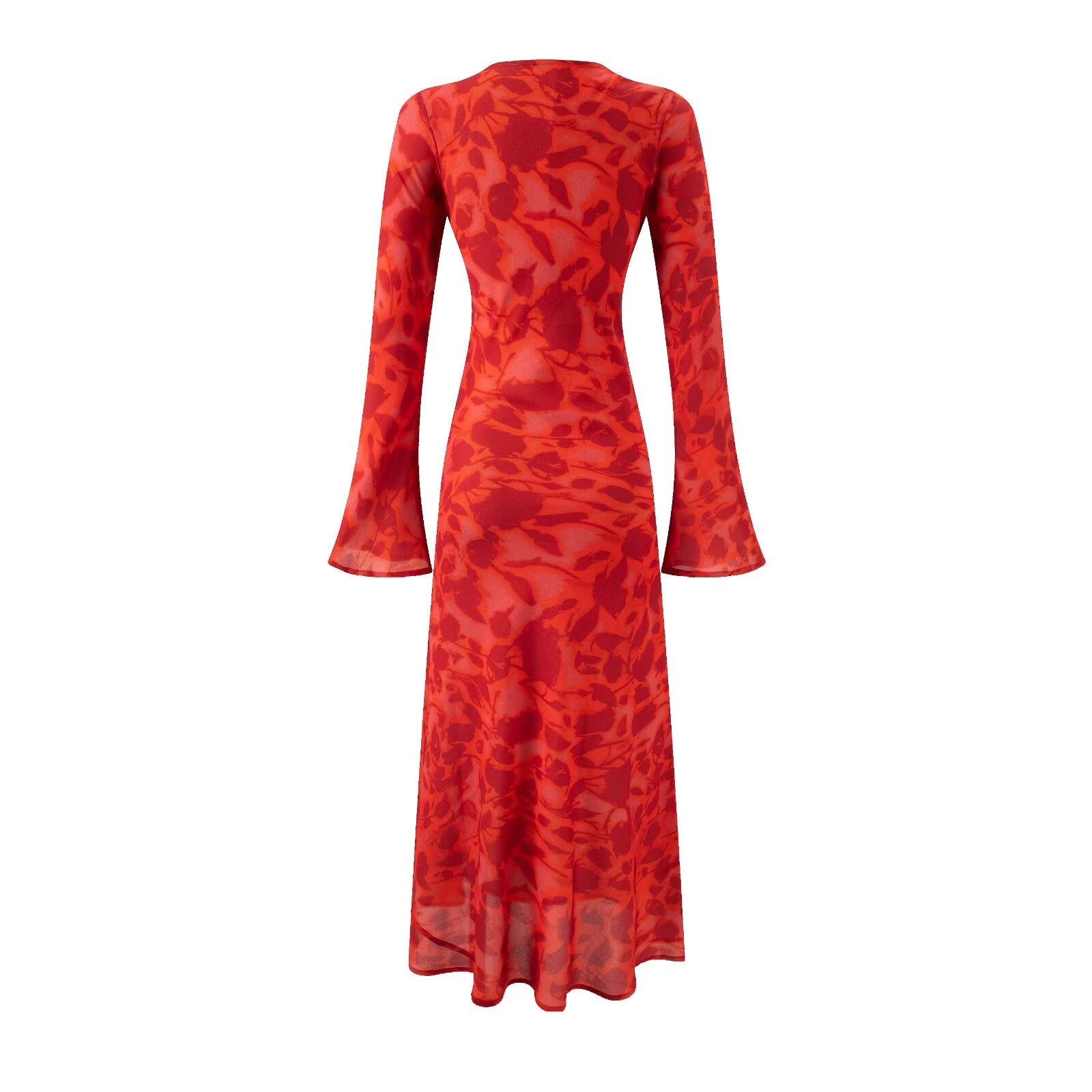 Autumn Rose Print Slim Fit Flared Sleeves Dress Dress