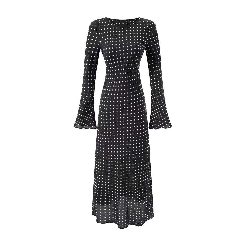 Elegant Polka Dot Flared Sleeves Long Sleeve Boat Neck Slim Fit Slimming Dress Dress