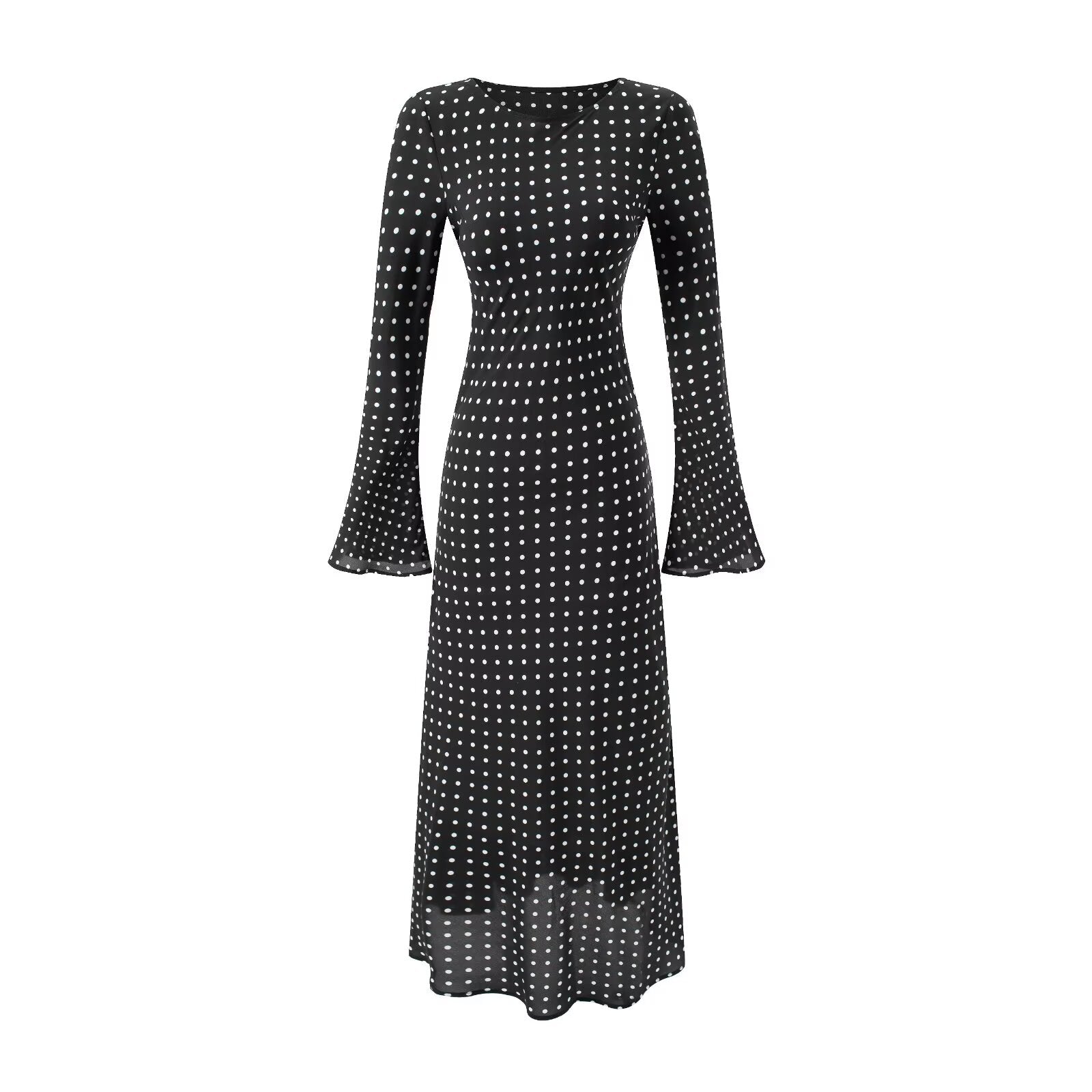 Elegant Polka Dot Flared Sleeves Long Sleeve Boat Neck Slim Fit Slimming Dress Dress