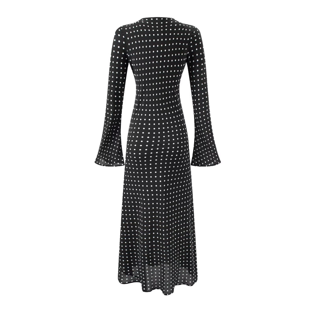 Elegant Polka Dot Flared Sleeves Long Sleeve Boat Neck Slim Fit Slimming Dress Dress