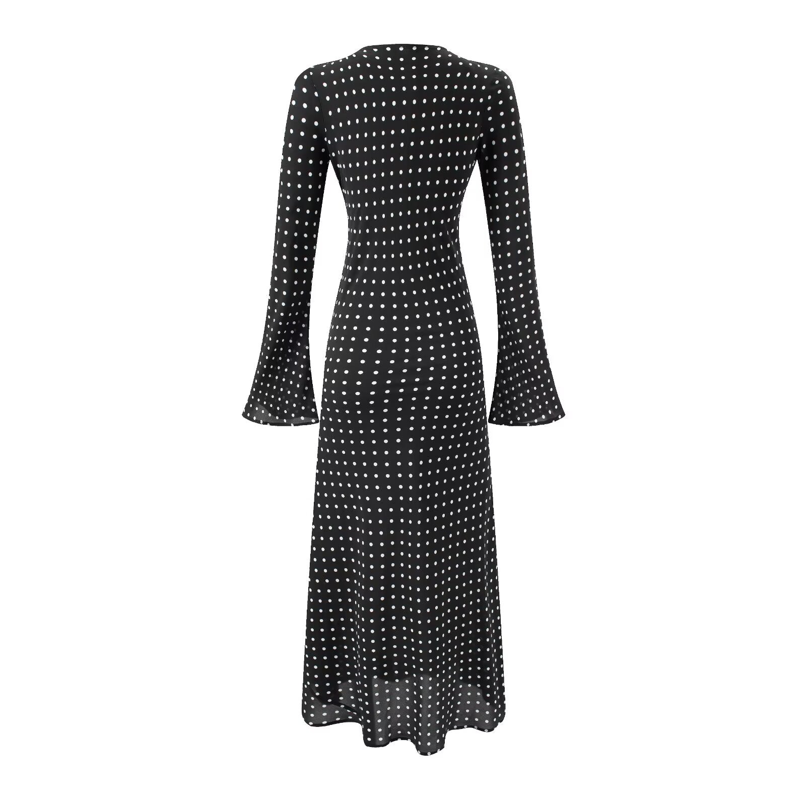Elegant Polka Dot Flared Sleeves Long Sleeve Boat Neck Slim Fit Slimming Dress Dress