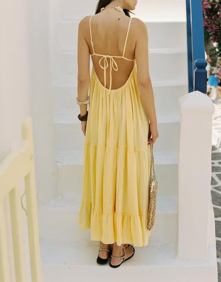 Casual Loose Big Backless Women Clothing Vacation Dress Yellow