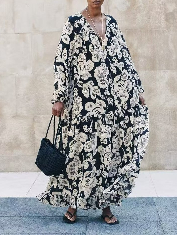 Women Clothing Early Autumn Rayon Printed Long Sleeve Dress Bohemian Maxi Dress