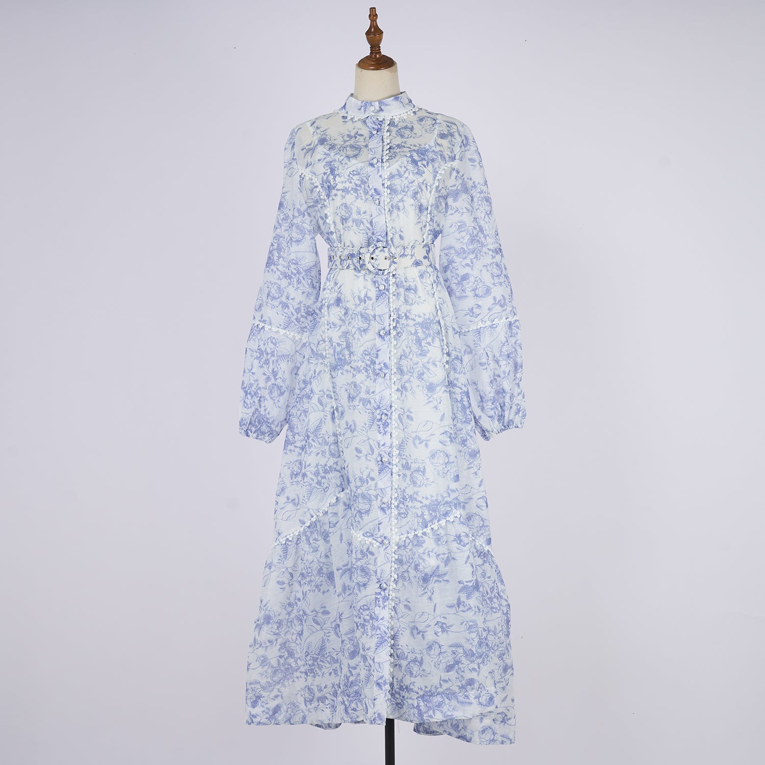 Women Printed Elegant Long Sleeved Lace Trimmed Multi Piece Dress