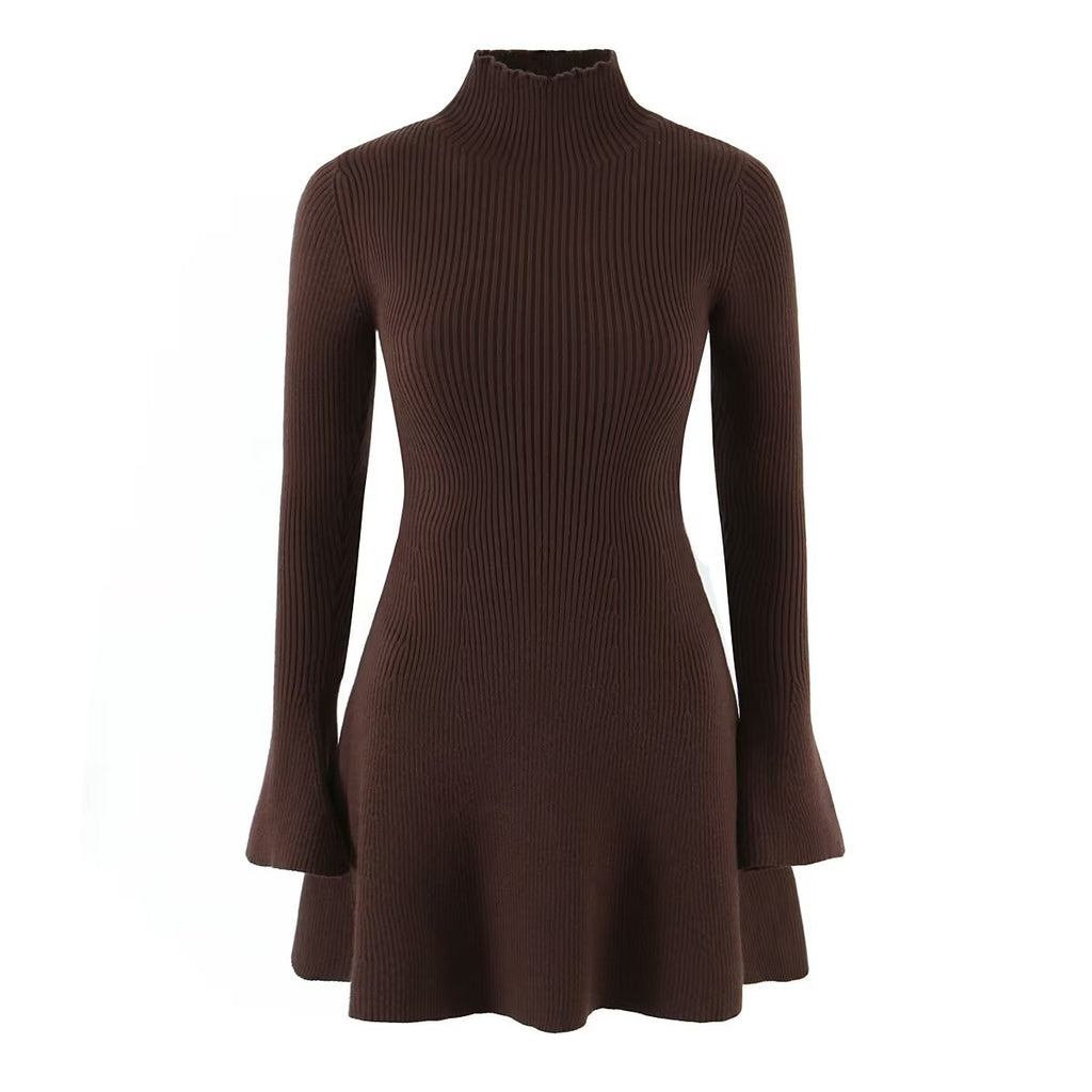 Summer French Retro Elegant Casual Half Turtleneck Stretch Knitted Fitted Waist Wool Dress