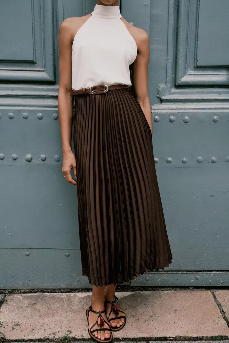 Summer Women Slimming Small Pleated Stitching Midi Dress