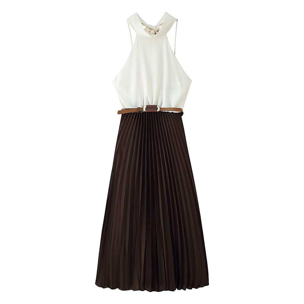 Summer Women Slimming Small Pleated Stitching Midi Dress