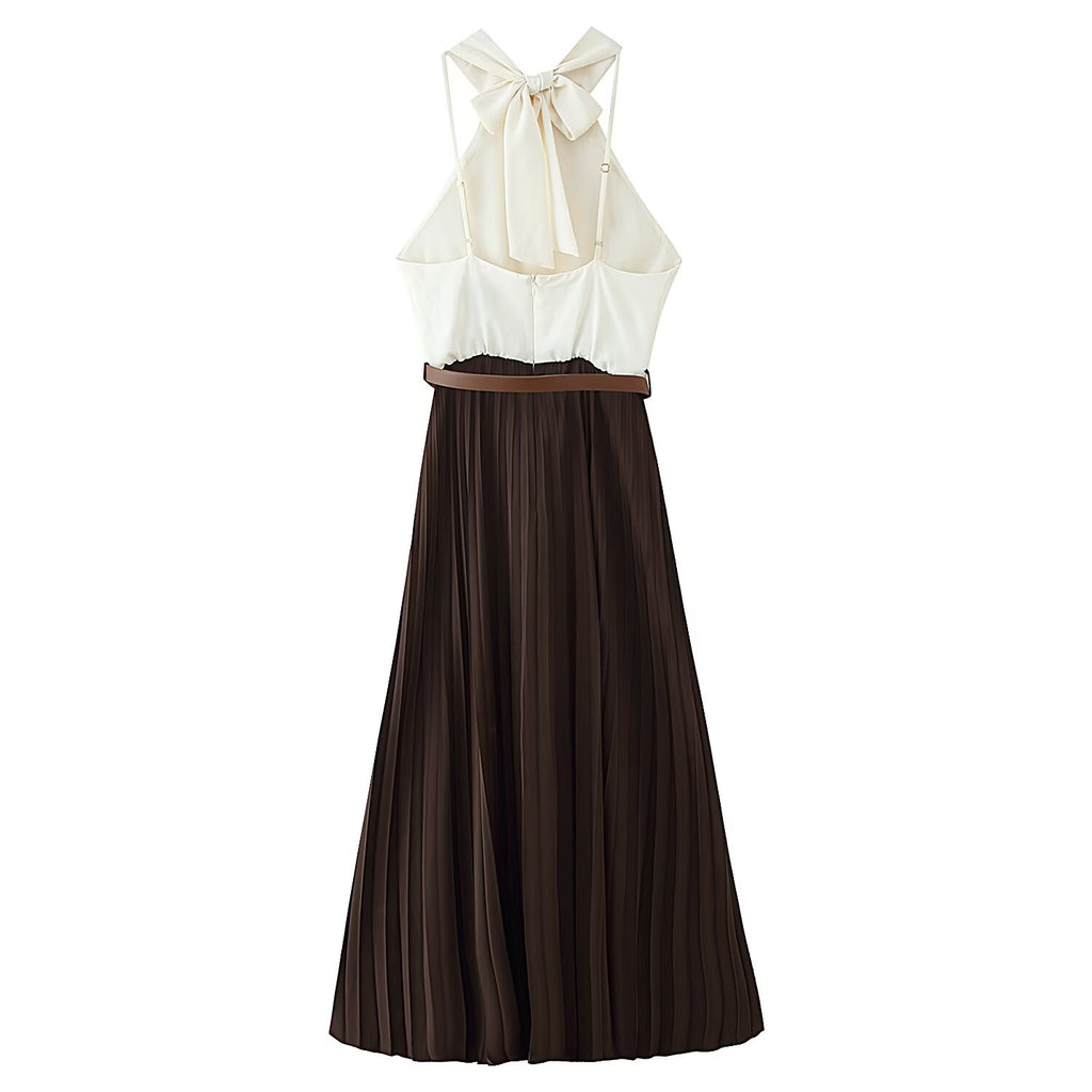 Summer Women Slimming Small Pleated Stitching Midi Dress