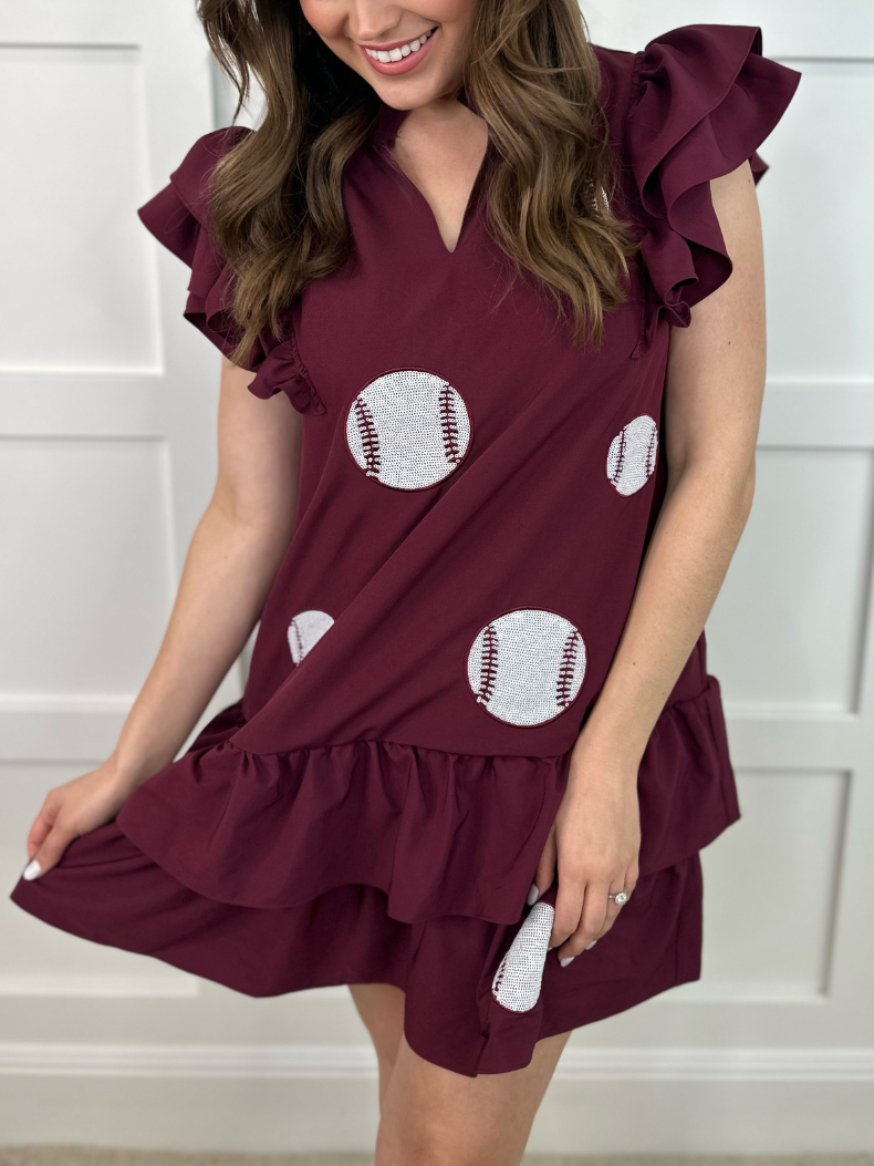 Summer Dress Baseball Sequined Embroidered Ruffled Double Sided Dress
