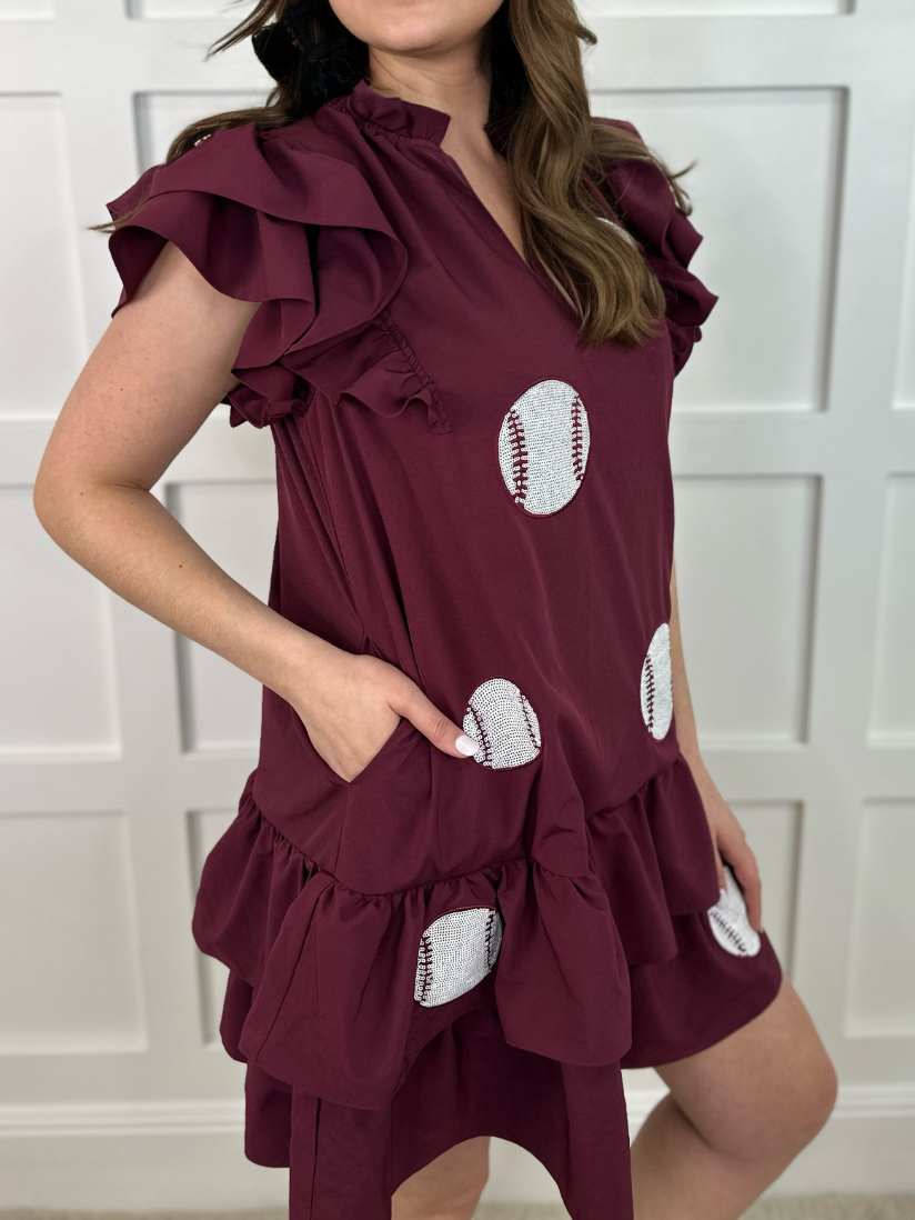 Summer Dress Baseball Sequined Embroidered Ruffled Double Sided Dress