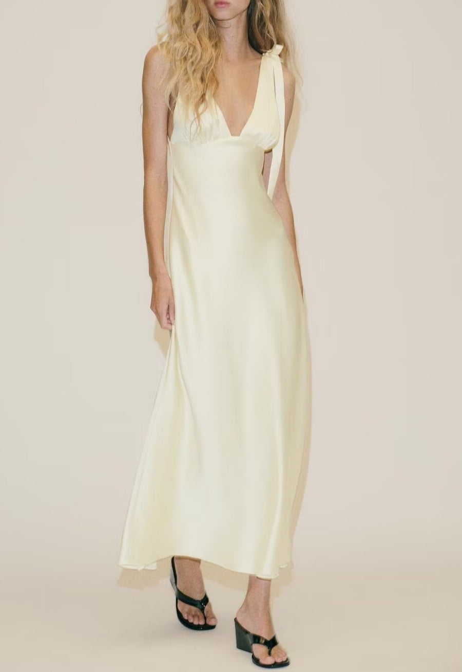Summer Women Clothing Sexy Bowknot Decoration Silk Satin Texture Midi Dress