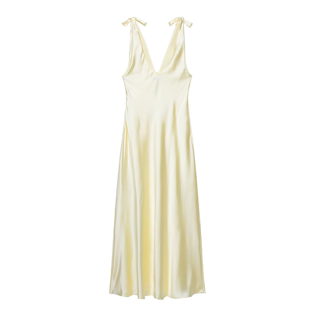 Summer Women Clothing Sexy Bowknot Decoration Silk Satin Texture Midi Dress