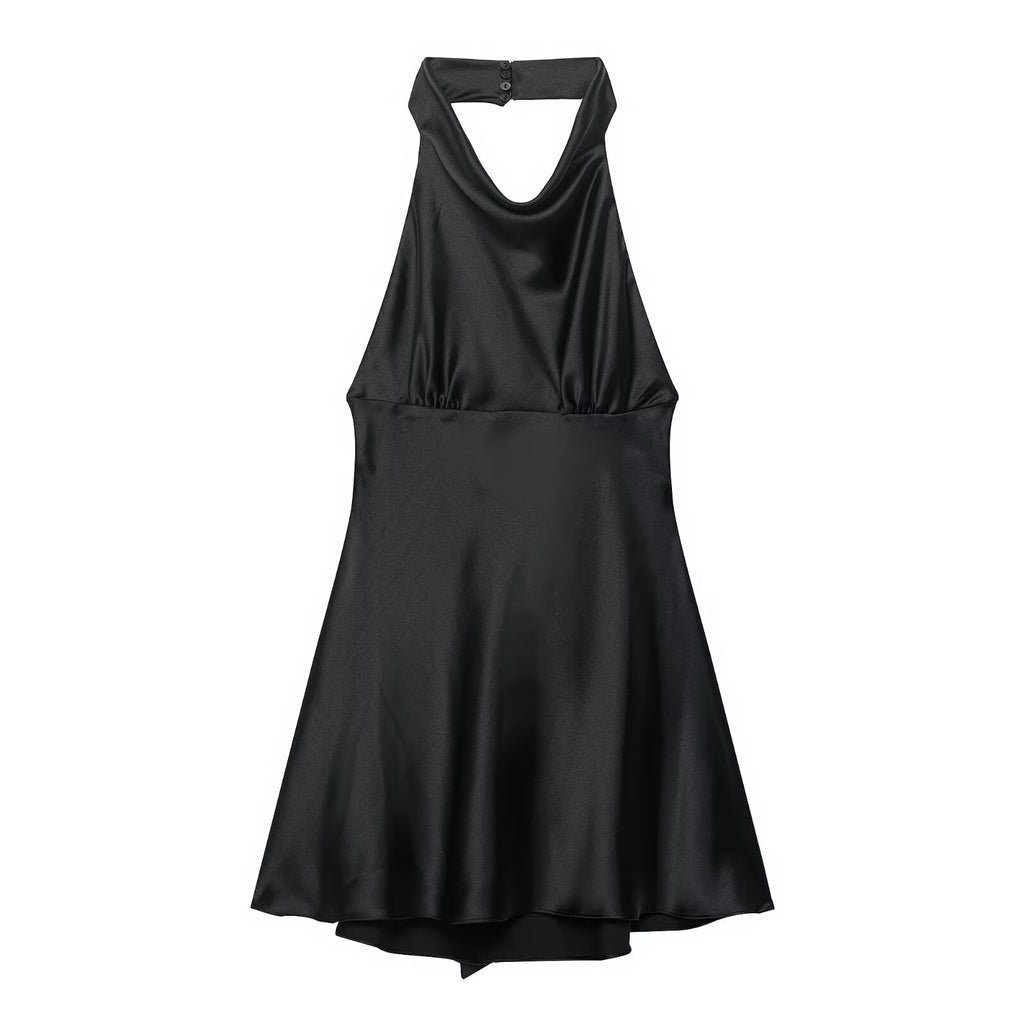 Women Clothing French Silk Satin Texture Waist Tight Halter Short Dress