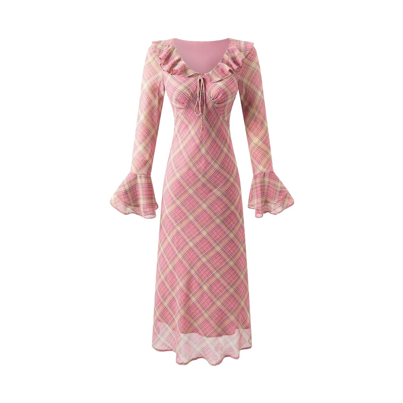 Ruffled Collar Lace up Retro Plaid Slim Fit Long Sleeve Dress