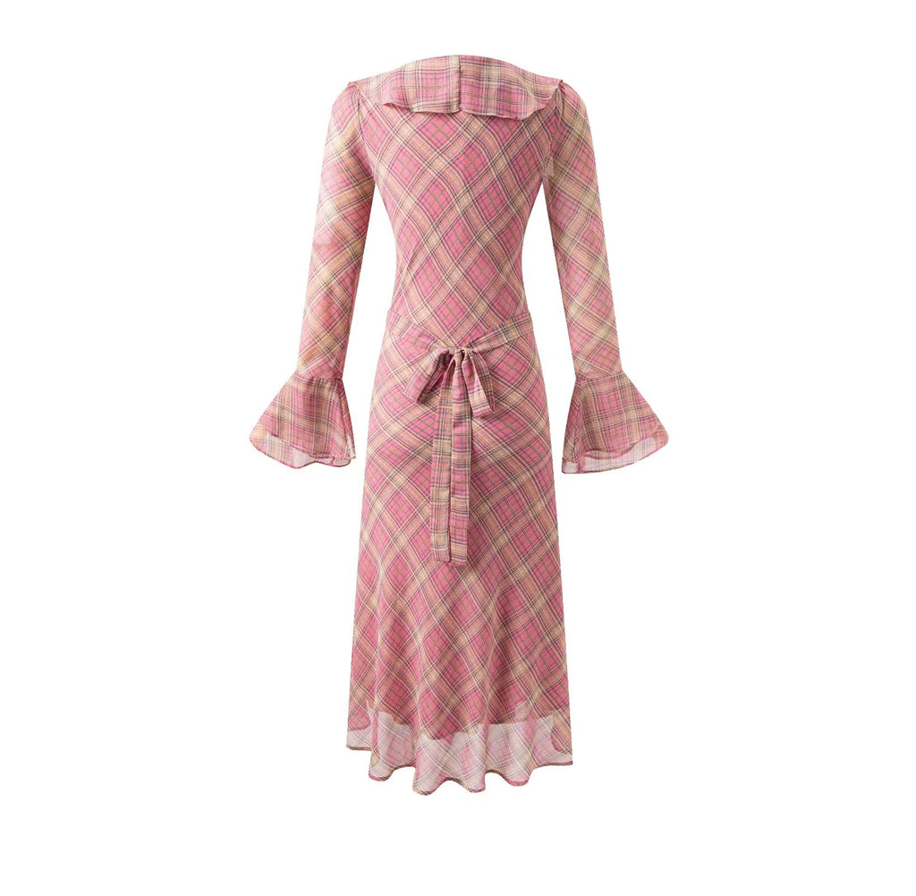 Ruffled Collar Lace up Retro Plaid Slim Fit Long Sleeve Dress