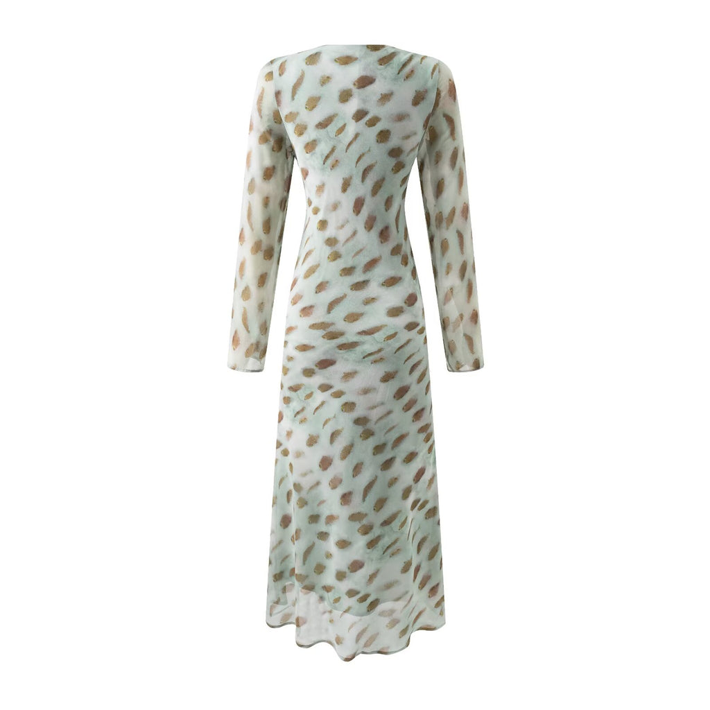 Sexy Vneck Bow Lace Printing Long Sleeve Dress Autumn Waist Slim Fit Maxi Dress