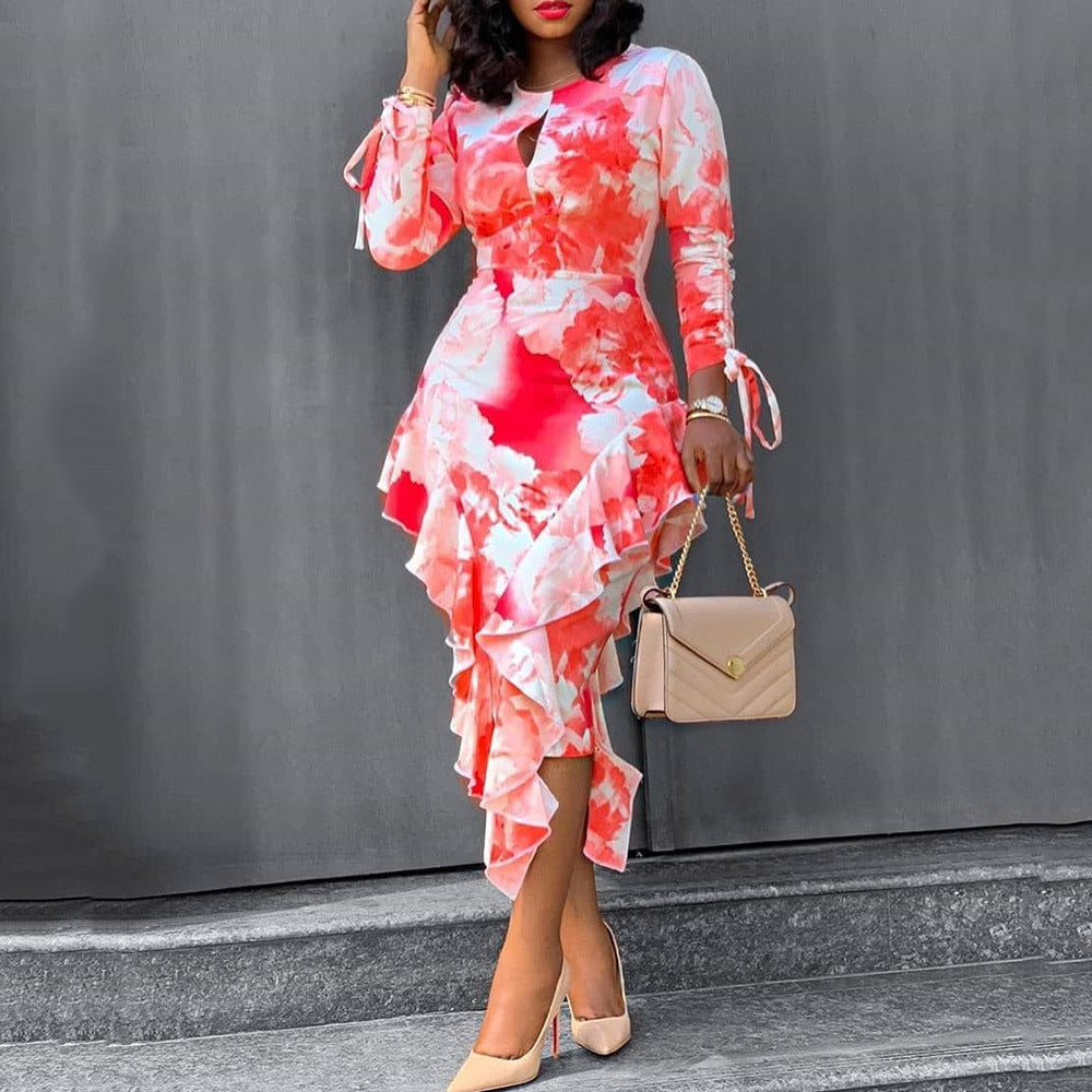 Autumn Winter Office Printed Ruffled Sheath One Step Dress