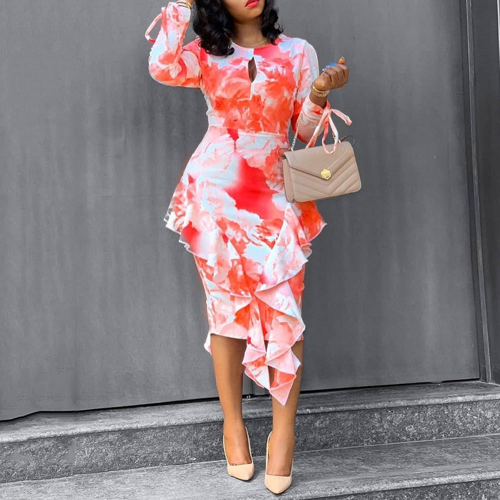 Autumn Winter Office Printed Ruffled Sheath One Step Dress