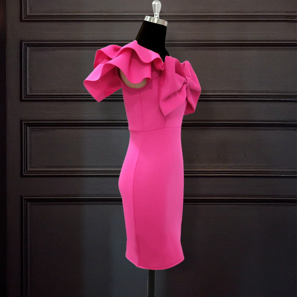 3D Bowknot Sexy One Shoulder Ruffled Bow Slim High Waist Evening Dress Women