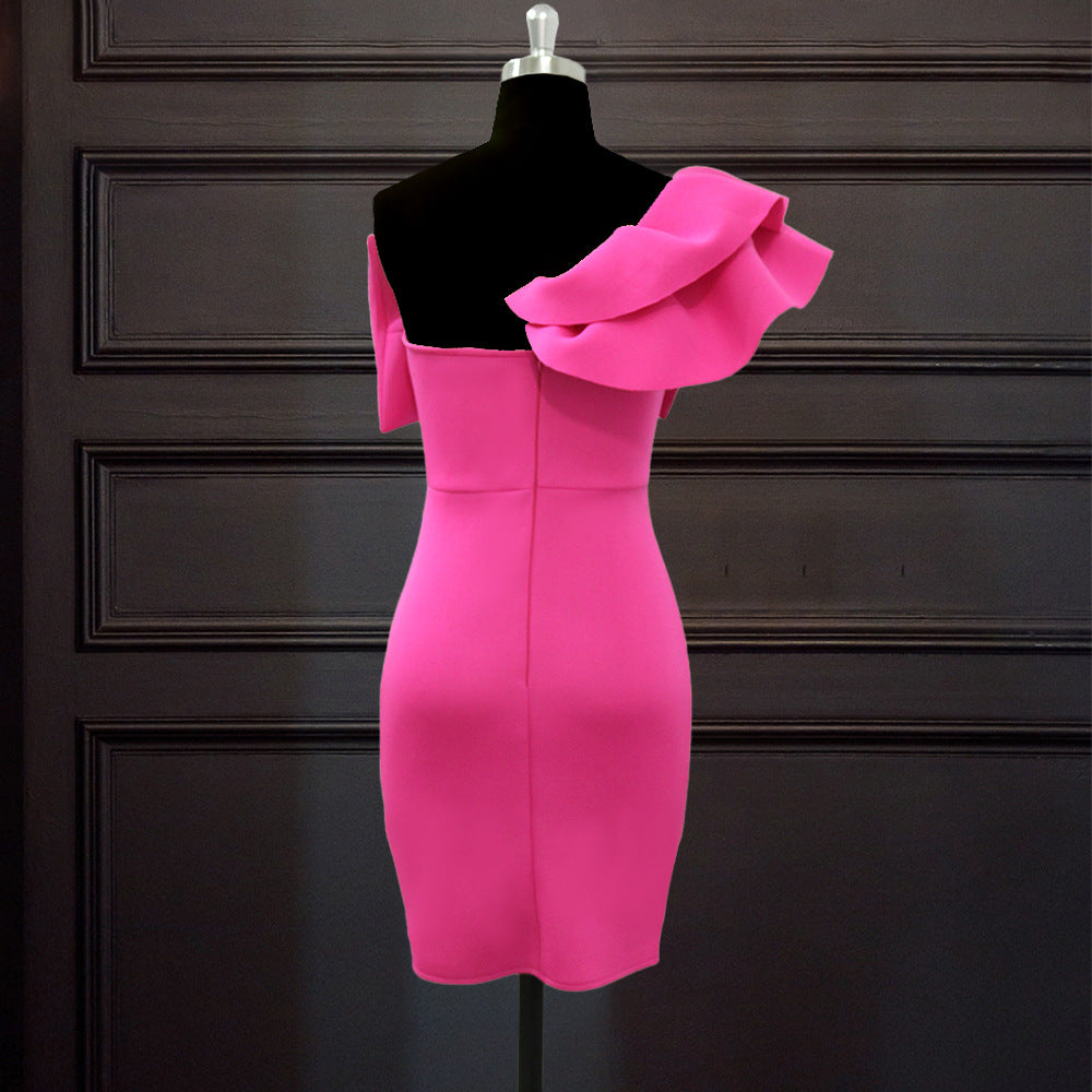 3D Bowknot Sexy One Shoulder Ruffled Bow Slim High Waist Evening Dress Women